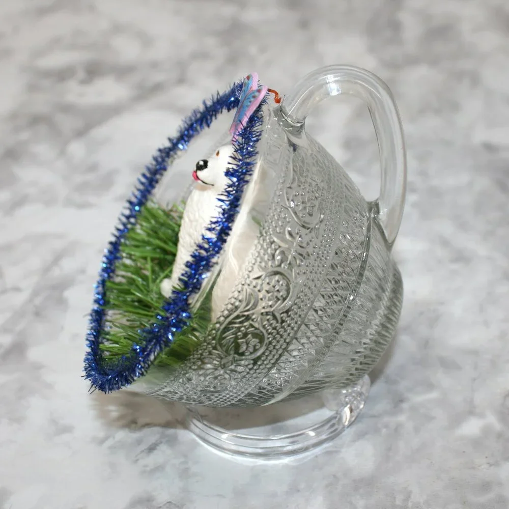 HAND CRAFTED Dog White Spring Decor Ornament Upcycled Cup Grass Animal Pet